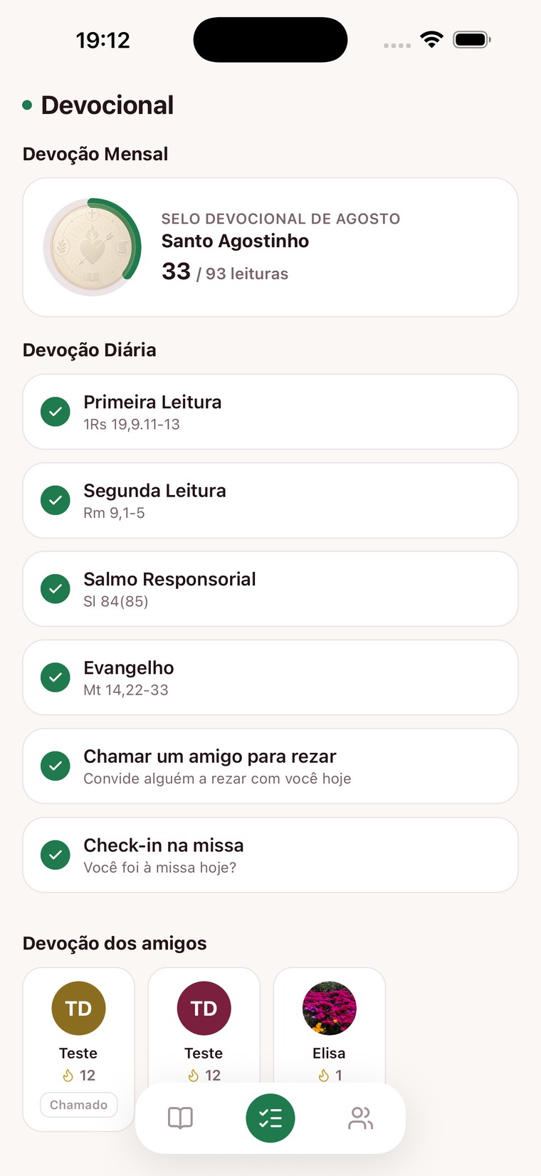 Tela de Missões do Domini com selo devocional e checklist do dia