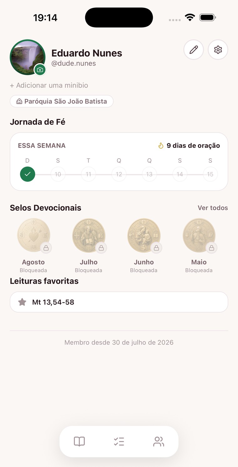 Tela de Perfil do Domini com selos devocionais e jornada de fé